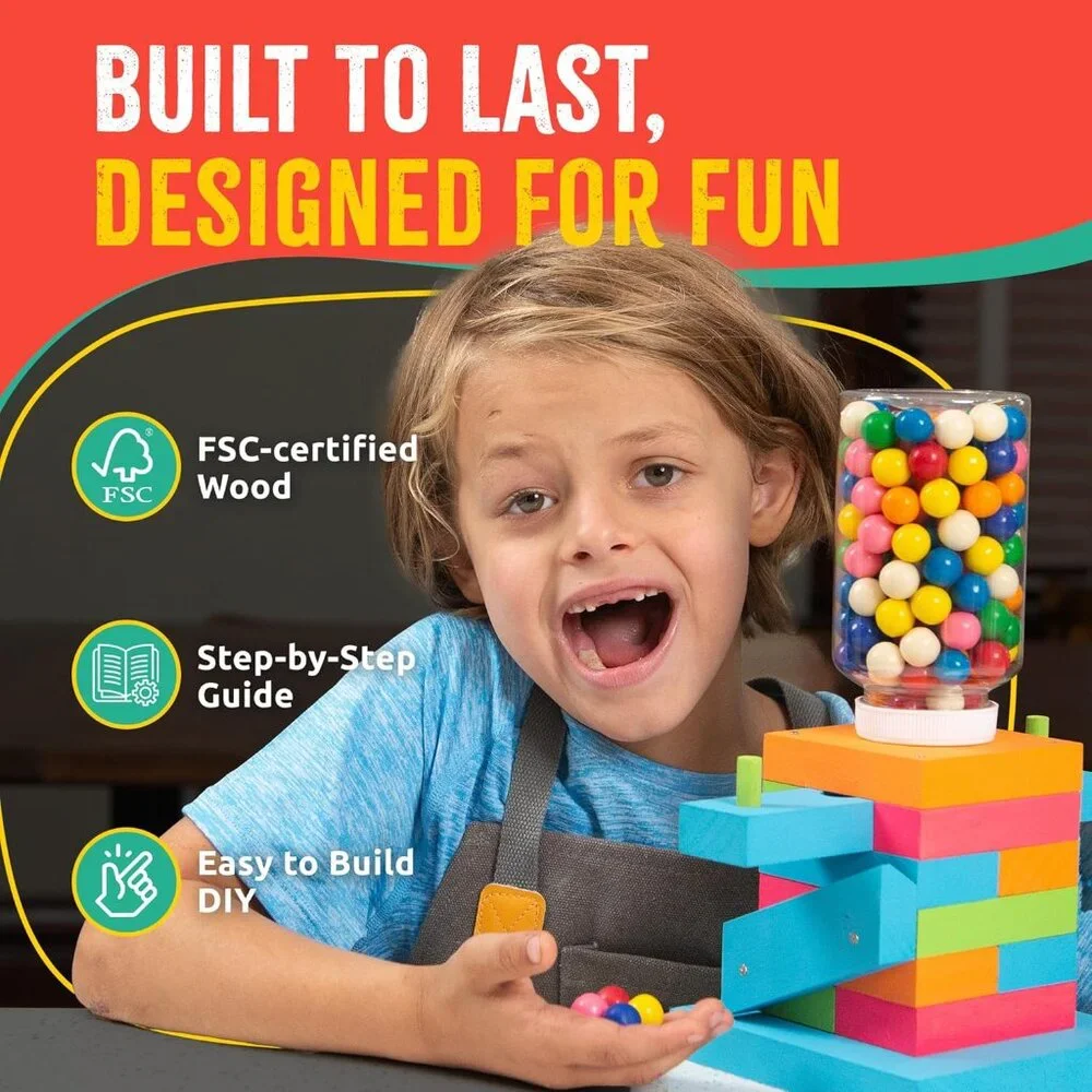 New DIY Wood Building Kit STEM Woodworking Toy for Kids Candy Gumball Dispenser